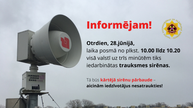 28. jūnijā VUGD veiks trauksmes sirēnu pārbaudi | По всiй територiï Латвiï на три хвилини будуть включенi сирени тривоги держaвноï системи оповiщення