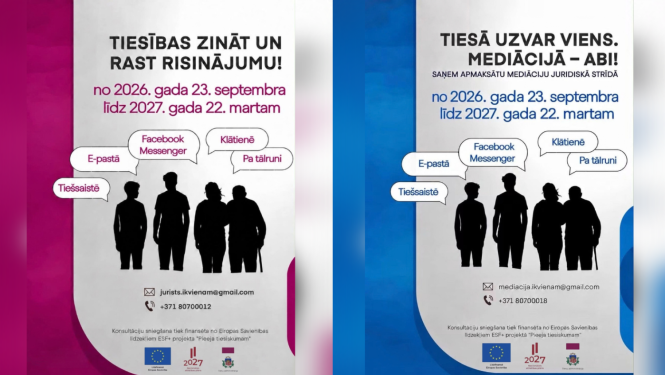 Pieejama bezmaksas sākotnējā juridiskā konsultācija un valsts apmaksāta mediācija Eiropas Sociālā fonda divu pilotprojektu ietvaros