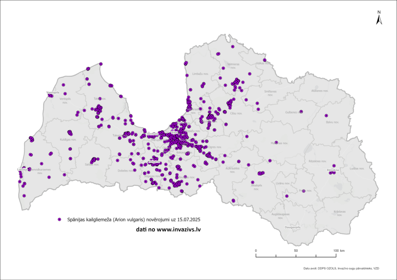 Spānijas kailgliemeža izplātības karte