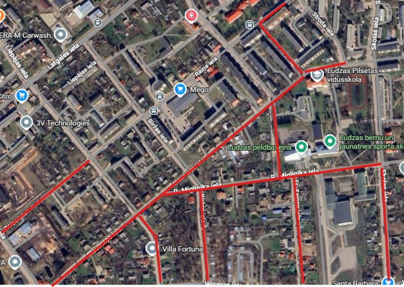 12 Ludzas ielu posmi, kur tiks veikta gaismekļu nomaiņa. Kopumā šajā teritorijā tiks uzstādīti 78 jauni, mūsdienīgi LED gaismekļi.