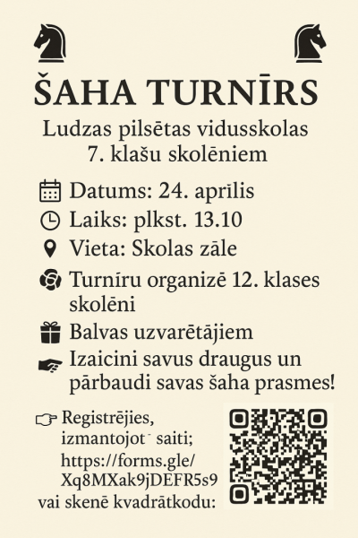 Vizuālis - Ludzas pilsētas vidusskolā notiks šaha turnīrs 7. klašu skolēniem