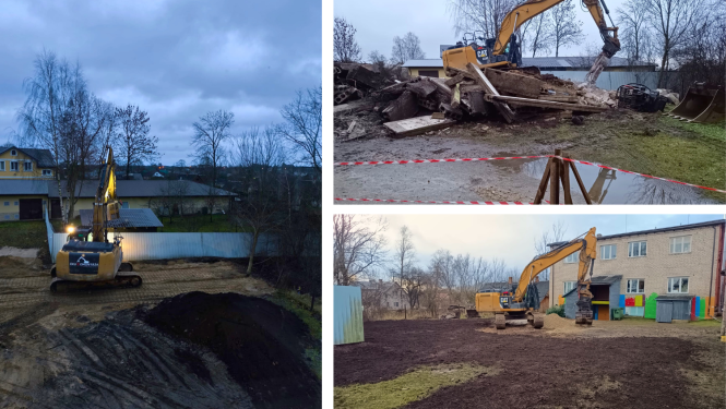 Attēlā: J. Soikāna Ludzas Mākslas skolas pagalma pārvērtības: bīstamās garāžas nojaukšanas darbi.​​​​​​​ Foto: S.Vorkale un M.Gabrišs