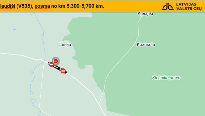 Ceļaposms kartē, kas ir applūdis