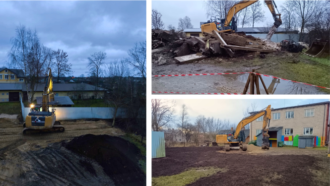 Attēlā: J. Soikāna Ludzas Mākslas skolas pagalma pārvērtības: bīstamās garāžas nojaukšanas darbi.​​​​​​​ Foto: S.Vorkale un M.Gabrišs
