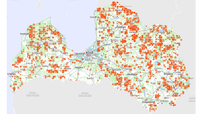 Vilku klātbūtnes pazīmju kartes slāņa attēlojums mobilajā lietotnē “Mednis”