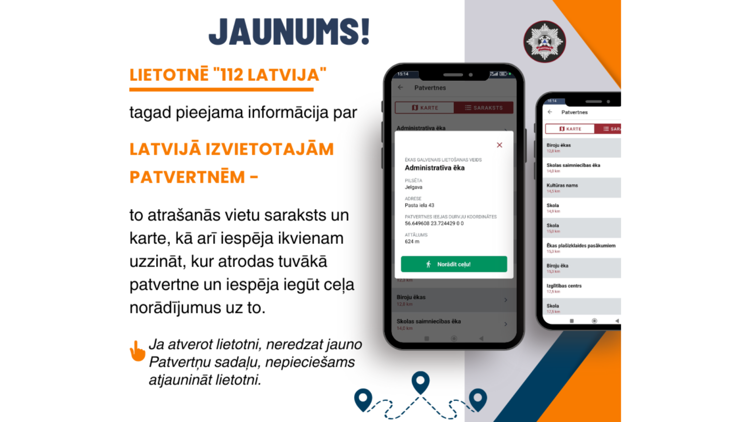 Vizuālis - Lietotnē “112 Latvija” tagad pieejama informācija par tuvākajām patvertnēm