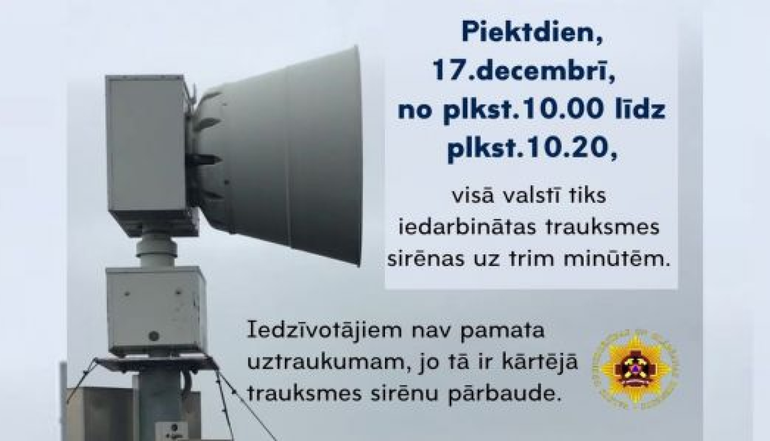 VUGD 17.decembrī veiks trauksmes sirēnu pārbaudi